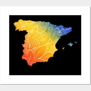 Colorful mandala art map of Spain with text in blue, yellow, and red Posters and Art